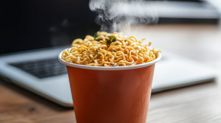 A steaming cup of hot noodles creates a cozy atmosphere on a wooden table, paired with a laptop in the background, ideal for a quick meal.の素材