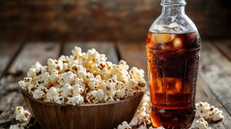 A mouthwatering scene featuring a bowl of fresh popcorn next to a chilled beverage. Rustic wooden background enhances the inviting snack atmosphere.の素材