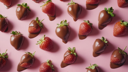 Discover the delightful combination of fresh strawberries dipped in smooth chocolate, beautifully arranged on a pink background. Perfect for desserts!の素材