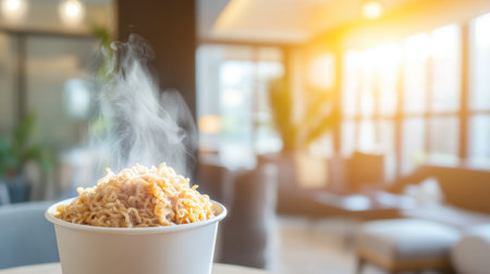 A steaming bowl of noodles sits invitingly in a modern cafe. The warm aroma fills the air, enhancing the cozy atmosphere with soft sunlight streaming in. Perfect for food lovers.の素材
