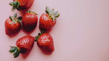 A charming arrangement of fresh strawberries on a soft pink background, showcasing their vibrant color and glossy texture, ideal for culinary projects and healthy recipes.の素材