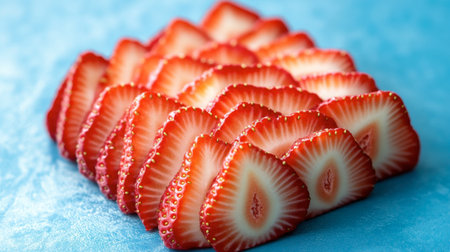 A stunning arrangement of fresh sliced strawberries sitting neatly on a vibrant blue background. Ideal for food photography, recipes, and healthy eating concepts.の素材