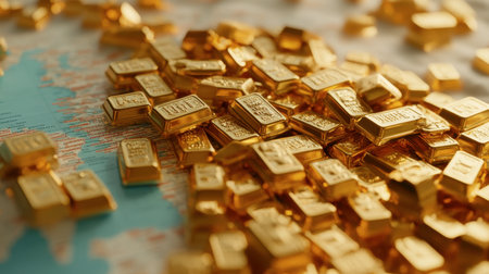 A stunning display of gold bars spread across a geographical map, symbolizing wealth and luxury investment opportunities. Perfect for finance-related projects.の素材
