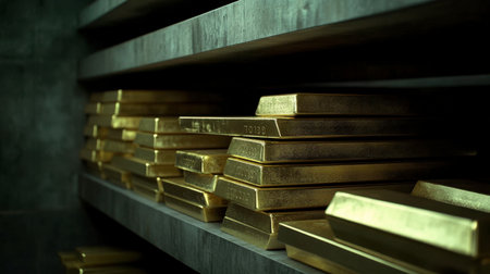 A captivating arrangement of shiny gold bars stacked on shelves within a dark vault, symbolizing wealth and investment opportunities in a secure environment.の素材