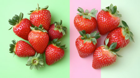 A vibrant arrangement of fresh red strawberries showcases their juicy texture and natural beauty against playful pastel backgrounds, perfect for food-related themes.の素材