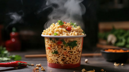 A vibrant, steaming bowl of instant noodles topped with fresh vegetables and spices offers a delightful meal option perfect for any time.の素材