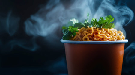 A steaming cup of instant noodles garnished with fresh cilantro, presenting an inviting, delicious, and comforting meal option ready to enjoy. Perfect for any food lover.の素材