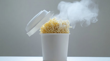 A steaming container of freshly cooked noodles emits warm vapor, perfect for showcasing delicious takeout meals. Ideal for food-related themes.の素材