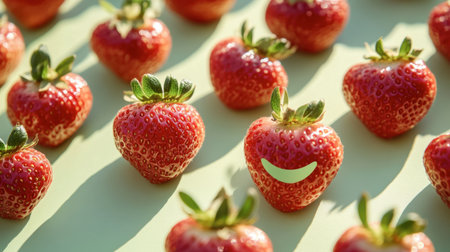 A visually appealing arrangement of fresh strawberries on a soft green background showcasing their vibrant red color and natural gloss. Ideal for health-focused projects.の素材