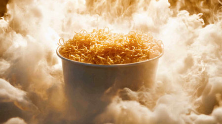 A fresh bowl of instant noodles emerges from a cloud of steam, creating an inviting and appetizing scene perfect for food lovers and chefs alike.の素材