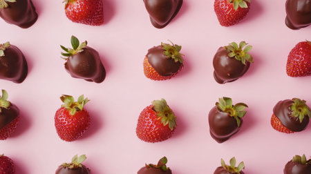 A beautiful arrangement of fresh strawberries dipped in rich chocolate on a soft pink background, perfect for dessert lovers and special occasions.の素材