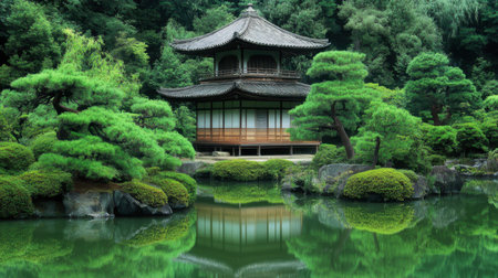 Explore a serene Japanese garden featuring a traditional pavilion beside a reflective pond, surrounded by lush greenery and meticulously shaped trees.の素材