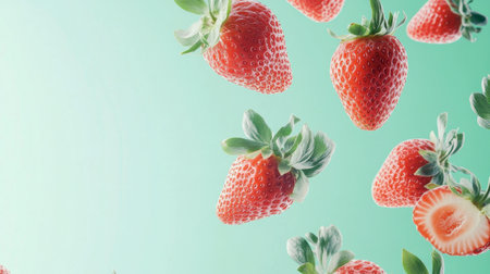 A stunning arrangement of fresh strawberries floating against a soft green background. Perfect for food-related projects, this image highlights the beauty of natural produce.の素材