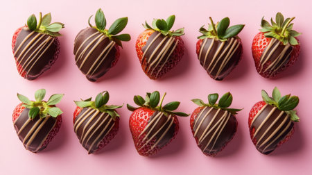 A stunning arrangement of chocolate covered strawberries on a pink backdrop. These delectable treats are perfect for celebrations, events, or as a sweet indulgence.の素材