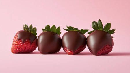 Tempting chocolate covered strawberries arranged on a soft pink background, perfect for desserts, celebrations, or romantic events. A delightful treat for all occasions.の素材