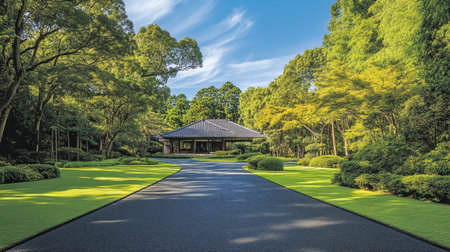 A serene pathway leads through lush greenery to a traditional Japanese tea house, embodying tranquility and calm. Perfect for nature lovers and design enthusiasts.の素材