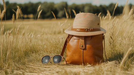 A brown bag, a straw hat, and sunglasses resting in a sunny field. Perfect for summer adventures, these items evoke a sense of relaxation and exploration in nature.の素材