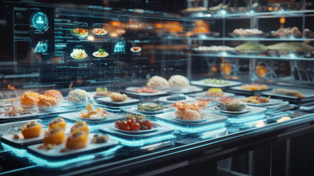 This image features an impressive digital display of gourmet dishes in a modern culinary showcase, highlighting the artistry and creativity of contemporary cuisine.の素材