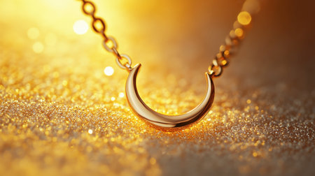 Discover the beauty of this elegant gold crescent moon pendant. Set against a sparkling background, this jewelry piece embodies luxury and style, perfect for any occasion.の素材