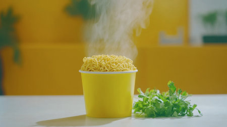A steaming bowl of instant noodles in a bright yellow cup, garnished with fresh cilantro. Perfect for showcasing quick meal options or culinary delights.の素材