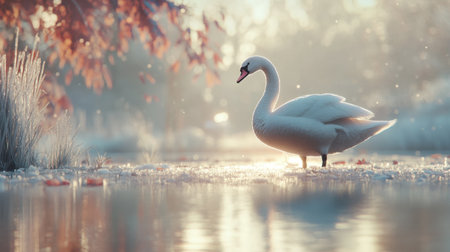 A majestic white swan stands alone in tranquil waters, surrounded by mist and autumn foliage, capturing the essence of peace and beauty in nature.の素材