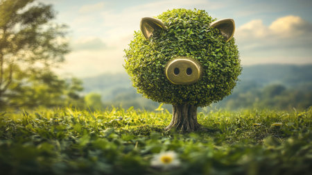 A whimsical tree shaped like a pig, covered in lush green leaves, stands in a serene landscape. This artwork symbolizes nature's creativity and environmental harmony.の素材