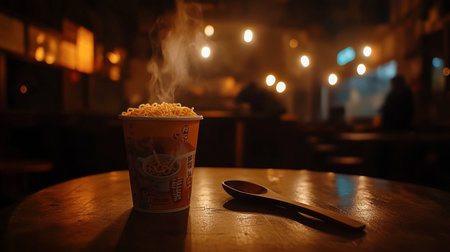 A steaming cup of instant noodles sits on a rustic wooden table, radiating warmth and comfort in a cozy setting, perfect for a quick meal anytime.の素材