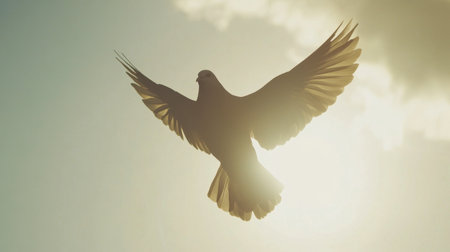 A stunning silhouette of a bird soaring through the sky captures the beauty of freedom. Sunlight glimmers around the wings, creating a serene atmosphere.の素材