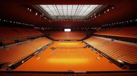 A spacious indoor tennis stadium features bright orange seating and a well-lit court area. The empty arena is ready for upcoming competitions and events.の素材