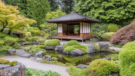 A serene Japanese garden featuring a traditional pavilion surrounded by lush greenery and a tranquil pond, perfect for relaxation and meditation.の素材