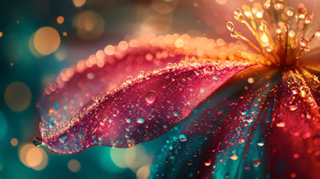 A stunning close-up of a vibrant flower petal adorned with glistening water droplets. The colorful background creates a dreamy bokeh effect, enhancing the natural beauty.の素材