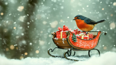 A charming robin perched on a beautifully decorated sleigh filled with colorful presents in a snowy winter setting, evoking holiday cheer and warmth.の素材