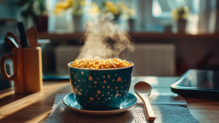 A delicious bowl of freshly cooked noodles sits steaming in a cozy kitchen. The vibrant blue bowl contrasts with the warm lighting, inviting comfort.の素材