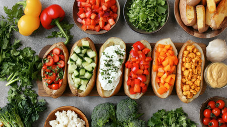 A visually appealing arrangement of baked potatoes topped with a variety of fresh vegetables, herbs, and dips. Perfect for healthy meal inspiration.の素材