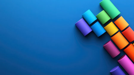 Vibrant geometric shapes in various colors stand out against a blue background, creating an engaging visual that encourages creativity and inspiration.の素材