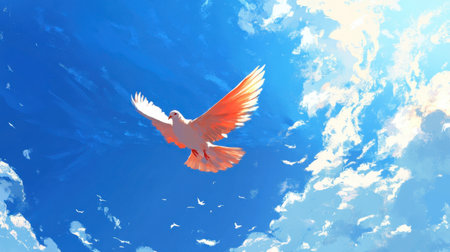 A stunning illustration of a bird in flight against a brilliant blue sky, surrounded by fluffy clouds. This artwork captures the essence of freedom and serenity.の素材