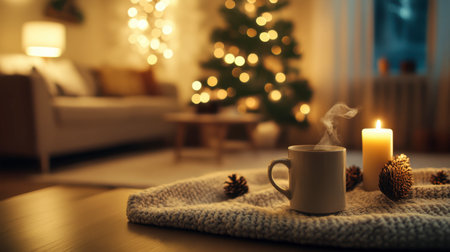 A cozy holiday scene featuring a steaming mug, a soft candle, pinecones, and warm lights. This inviting atmosphere captures the essence of winter comfort.の素材