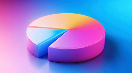 A vibrant pie chart displayed on a colorful gradient background, ideal for showcasing data and statistics in modern business presentations or creative projects.の素材