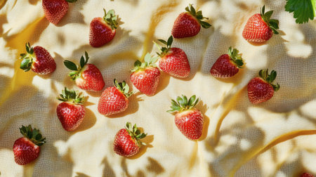 A delightful arrangement of fresh strawberries resting on soft yellow fabric. This image showcases natural light, vibrant colors, and a beautiful interplay of shadows, perfect for food enthusiasts.の素材