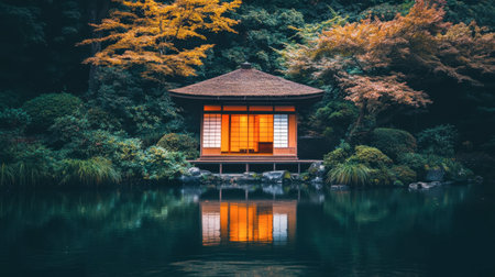 This tranquil image showcases a beautiful Asian garden house reflecting in calm water, surrounded by vibrant autumn foliage, offering a serene escape into nature.の素材