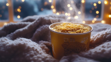 A cozy bowl of steaming noodles sits on a soft blanket, capturing the warmth of home during winter nights. Perfect for food enthusiasts and cozy moments.の素材