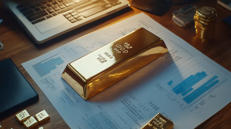 Gold bullion bar placed on financial charts and documents in an office setting, symbolizing wealth and investment opportunities in finance and economics.の素材