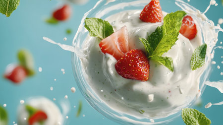 A vibrant dessert featuring creamy yogurt swirled with fresh strawberries and mint leaves. The energetic splash adds a dynamic touch, perfect for summer.の素材