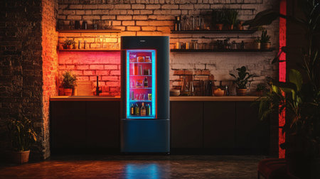 A modern refrigerator with vibrant interior lighting enhances a stylish kitchen space. Featuring sleek design and decorative elements, it showcases a cozy ambiance.の素材