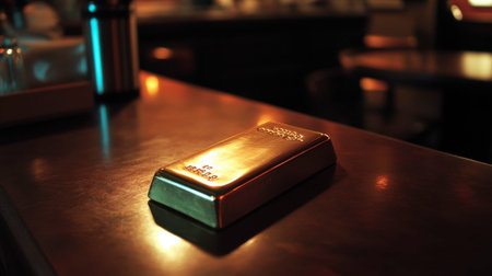 A gleaming gold bar resting on a polished table, illuminated by soft ambient light, creating a warm atmosphere ideal for themes of wealth and luxury.の素材