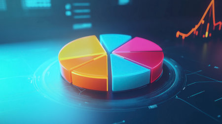 This vibrant 3D pie chart illustrates data clearly against a sleek digital backdrop, ideal for presentations on business, finance, or analytics.の素材