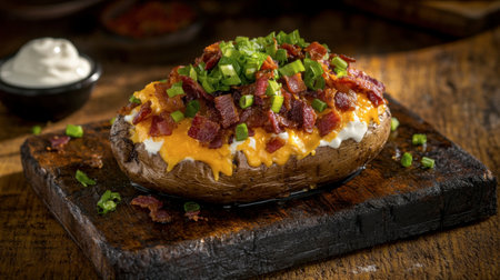 A perfectly baked potato generously topped with melted cheese, crispy bacon, and vibrant green onions. A delightful comfort food that promises to satisfy any craving.の素材