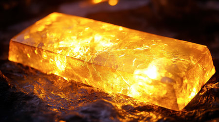 This stunning amber crystal emits a warm glow, resting on a textured black stone surface. The captivating colors and light play create an elegant natural beauty.の素材