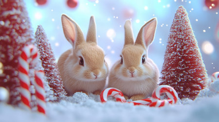 Discover a charming winter scene featuring two adorable bunnies nestled among fluffy snow, surrounded by festive decorations and sweet candy canes.の素材
