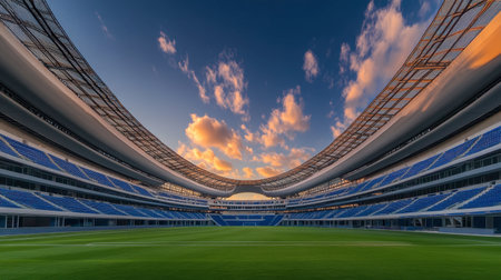 Captivating view of a modern stadium interior under a vibrant sunset sky. The empty seating area and lush grass create a tranquil atmosphere perfect for events.の素材